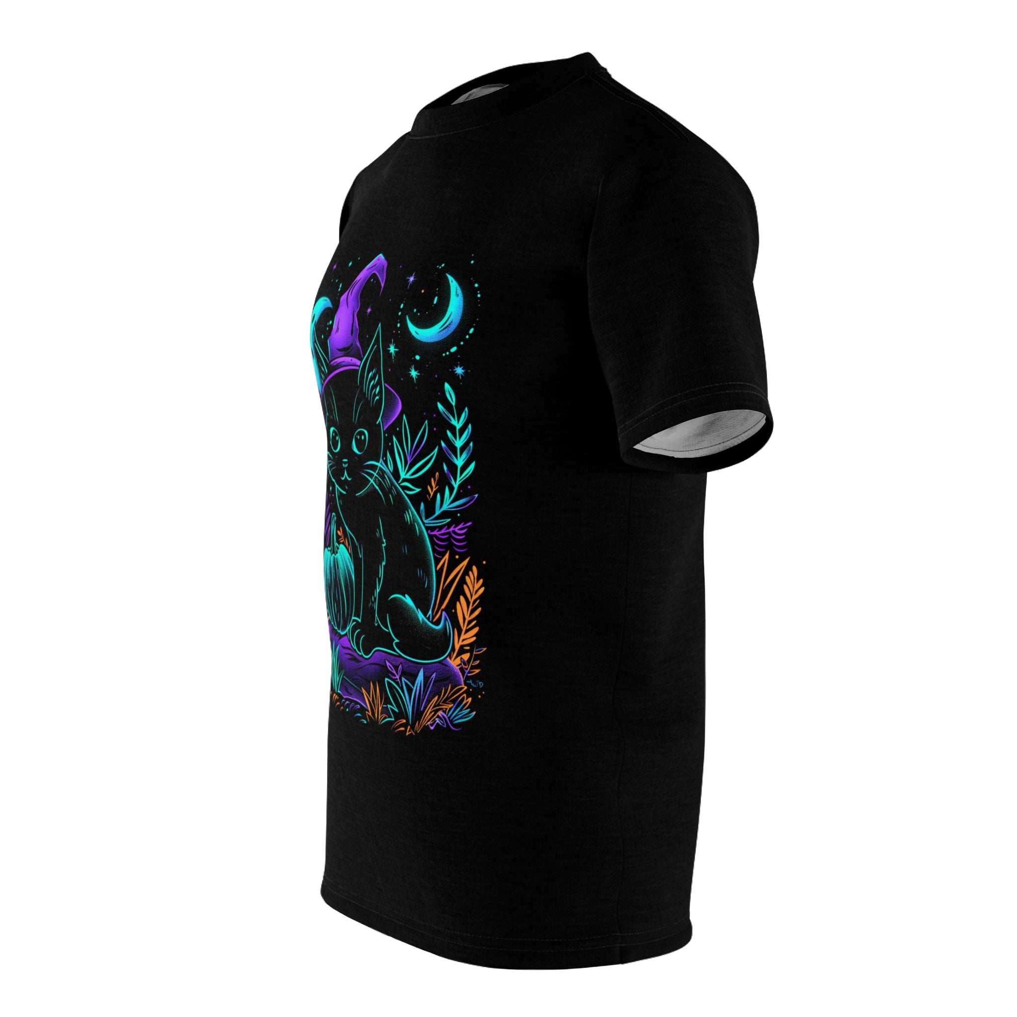 The Wilds | Cat in a Witch Hat | Neon and Black | Spooky, Cute, Creepy, Horror, Halloween | Unisex Cut & Sew Tee (AOP)