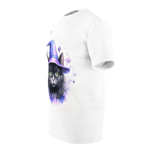 Violet the Mage | Pretty Watercolor Black Cat in a Purple Hat | Witchy, Spooky, Cute | Unisex Cut & Sew Tee (AOP)
