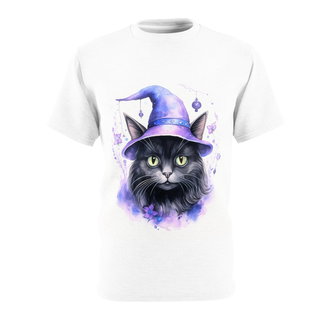 Violet the Mage | Pretty Watercolor Black Cat in a Purple Hat | Witchy, Spooky, Cute | Unisex Cut & Sew Tee (AOP)