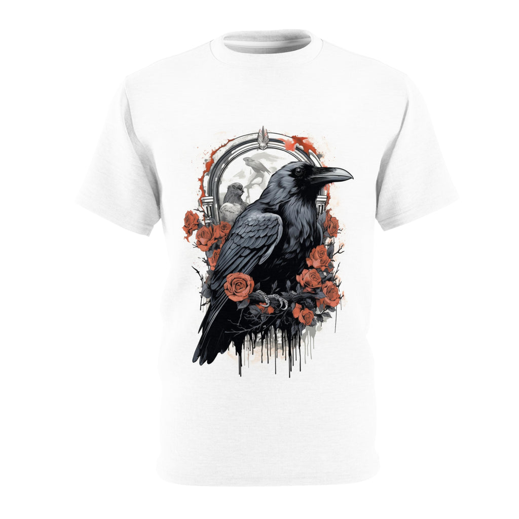 Watcher in the Frame | Raven and Roses in a Victorian Gothic Frame | Horror, Spooky | Unisex Cut & Sew Tee (AOP)