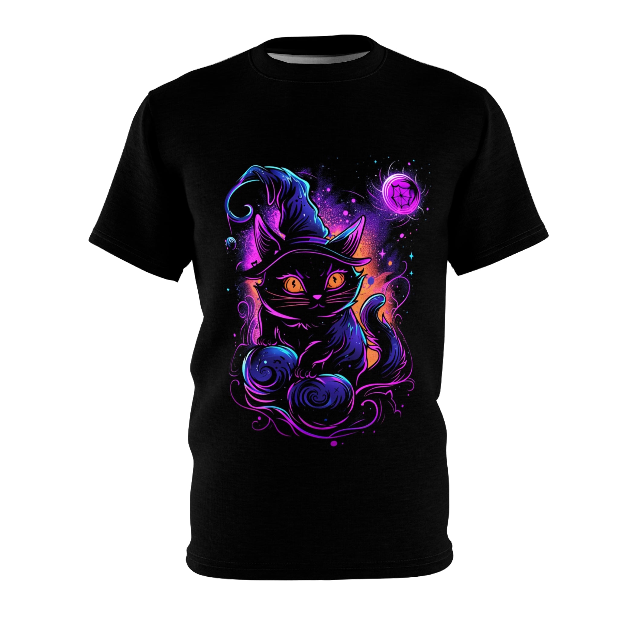Star Walker | Neon Cat | Halloween Horror Apparel | Spooky Cute T-Shirt | Cat, Wizard, Witch | Unisex Cut & Sew Tee (AOP)