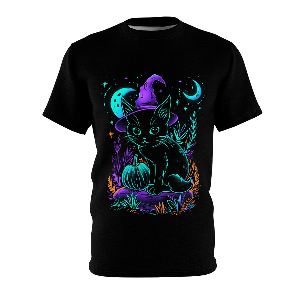 The Wilds | Cat in a Witch Hat | Neon and Black | Spooky, Cute, Creepy, Horror, Halloween | Unisex Cut & Sew Tee (AOP)
