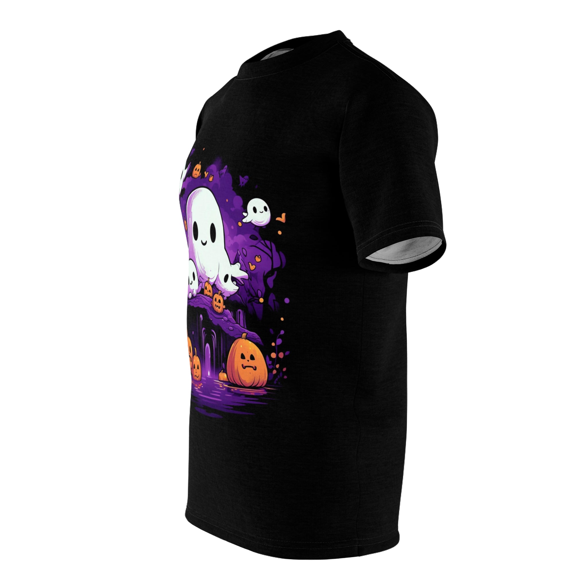 Purple Paranormal | Ghosts and Pumpkins | Cute Halloween Horror Apparel | Spooky Clothes | Unisex Cut & Sew Tee (AOP)