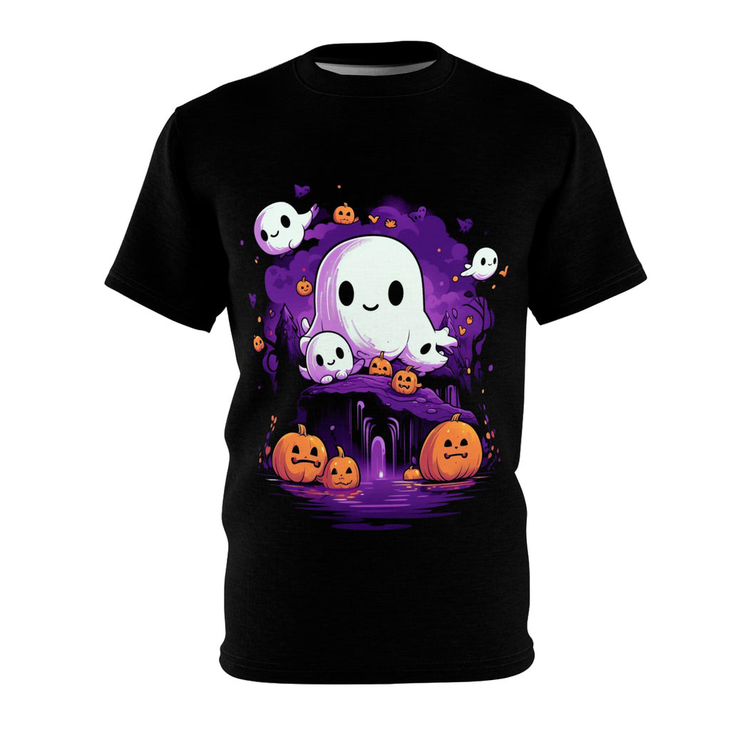 Purple Paranormal | Ghosts and Pumpkins | Cute Halloween Horror Apparel | Spooky Clothes | Unisex Cut & Sew Tee (AOP)