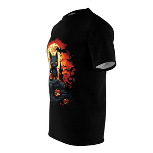 Mean Streets | Halloween Cat T-Shirt | Horror Apparel | Cute | Unisex Cut & Sew Tee (AOP)