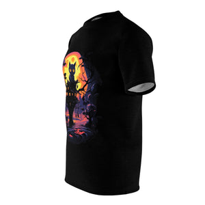 Off the Island | Cute Cat Halloween T-Shirt | Horror Apparel | Spooky |  Unisex Cut & Sew Tee (AOP)