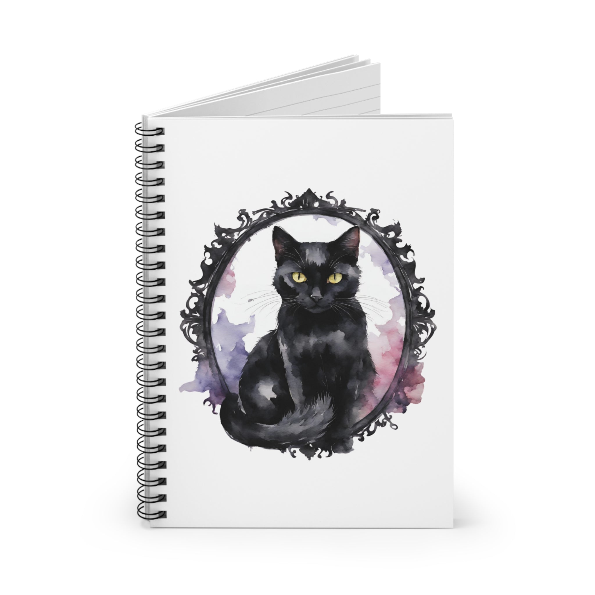 Framed Black Cat Watercolor Illustration | Spiral Notebook - Ruled Line